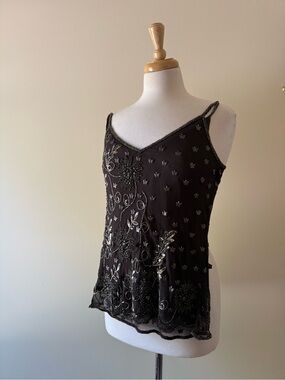 100% Silk Brown Beaded Floral Camisole Y2K BNWOT